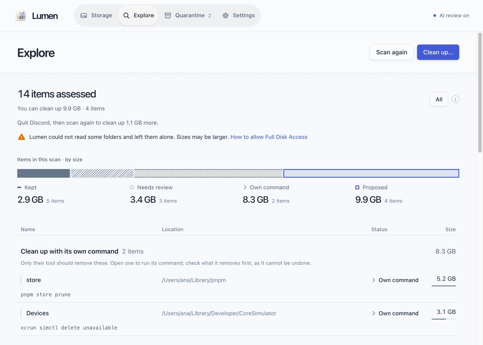 Página Explorar de Lumen con datos de ejemplo: espacio por decisión, 9,9 GB propuestos entre herramientas de desarrollo y cachés de aplicaciones, y comandos para que cada herramienta limpie sus propios elementos.